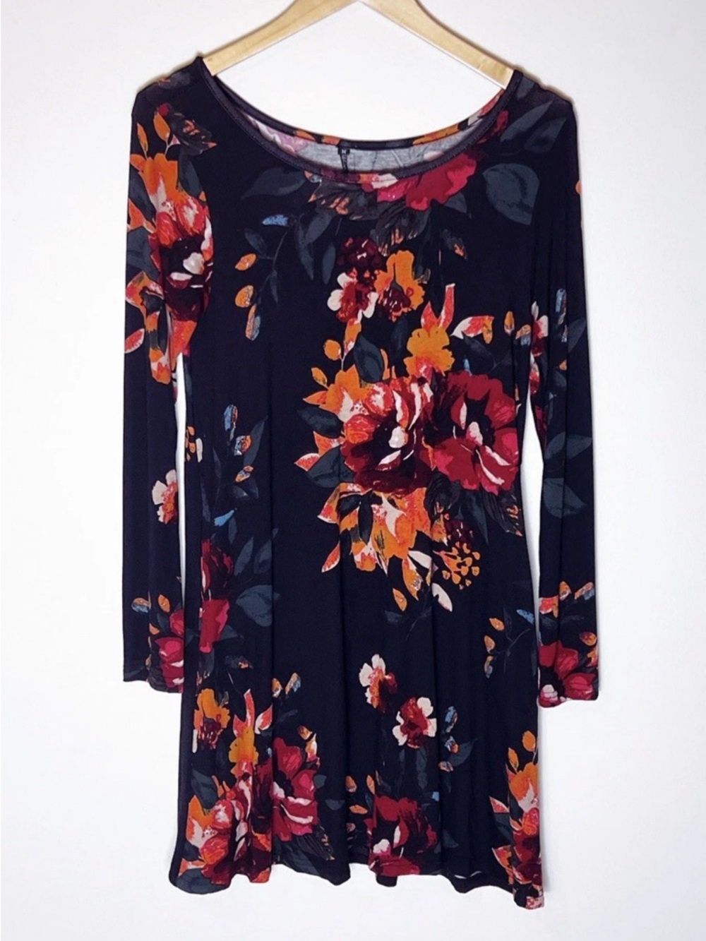 Black Floral Long-Sleeve Dress with Red and Orange Blooms